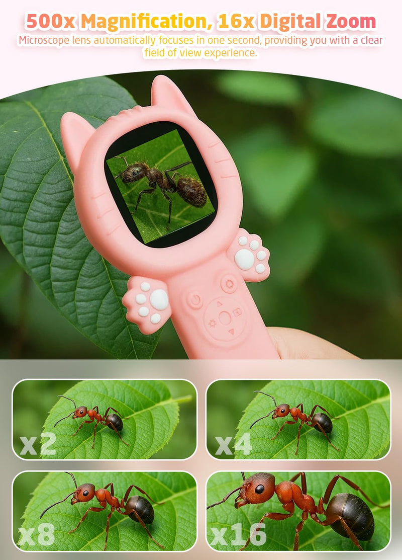 [AUSTRALIA] - 2-in-1 Microscope Camera for Kids, Mini Handheld Microscope Supporting Multiple Viewing Angles, Outdoor Educational Science Adventure Toys, Birthday Gifts for 3-10 Years Old Girls, Pink Cat 