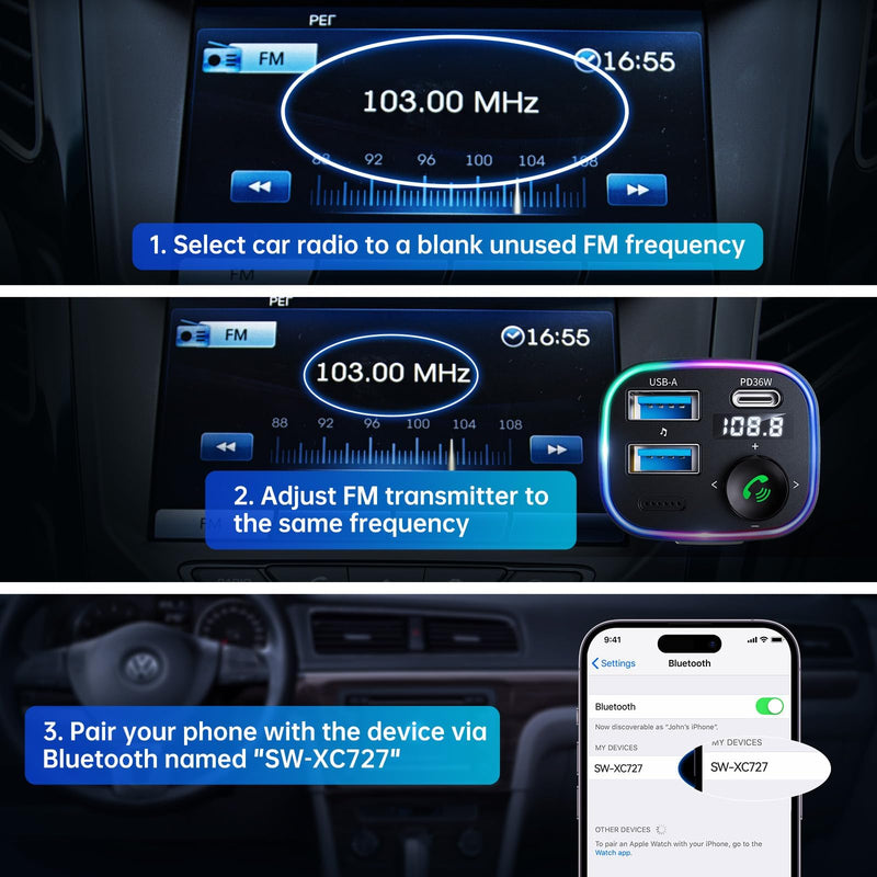 [AUSTRALIA] - Syncwire Bluetooth 5.3 FM Transmitter Car Adapter 48W(PD 36W & 12W) [Light Switch] [Hi-Fi Deep Bass] [Fast Charging] Wireless Radio Music Adapter LED Display Hands-Free Calling Support USB Drive Dark Blue 