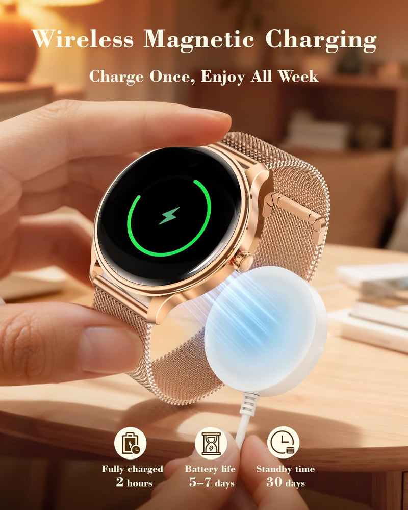WalkerFit Smartwatch for Women, 1.43” AMOLED Fitness Watch with Bluetooth Calling, Wireless Magnetic Charging, Female Health Tracker, 120+ Sports Modes, IP68 Waterproof, Compatible with Android iOS Rose Gold