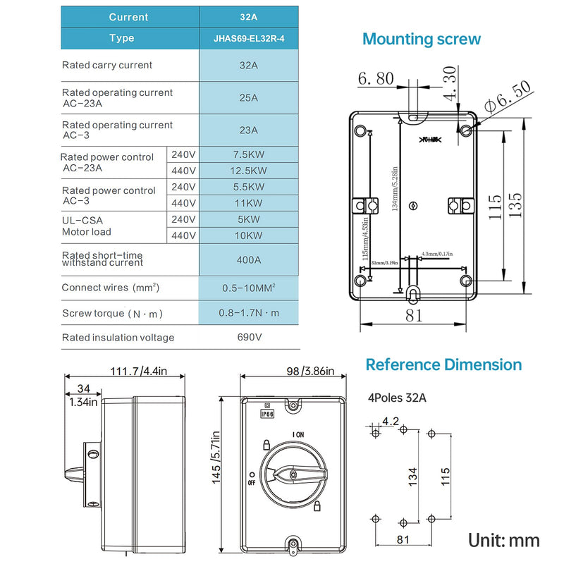 [AUSTRALIA] - 32 Amp AC Disconnect Switch Box Outdoor, 110V 220V 690V AC Isolator Switch, 4 Pole, IP66 Waterproof Isolation PV 3 Phase Disconnect Switch On Off 2 Position 32 Amp 