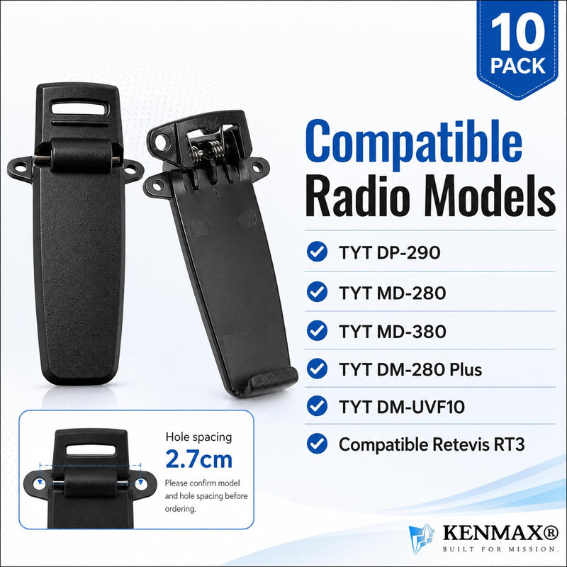 KENMAX® Back Belt Clip for Walkie Talkie TYT DP-290 MD-280 MD-380 DM-UVF10 Pack of 10