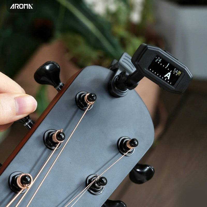 Aroma Guitar Tuner Clip On Rechargeable Chromatic Tuner for Guitar Bass Ukulele Violin Mandolin with TFT Screen Easy to Read in Strong Light