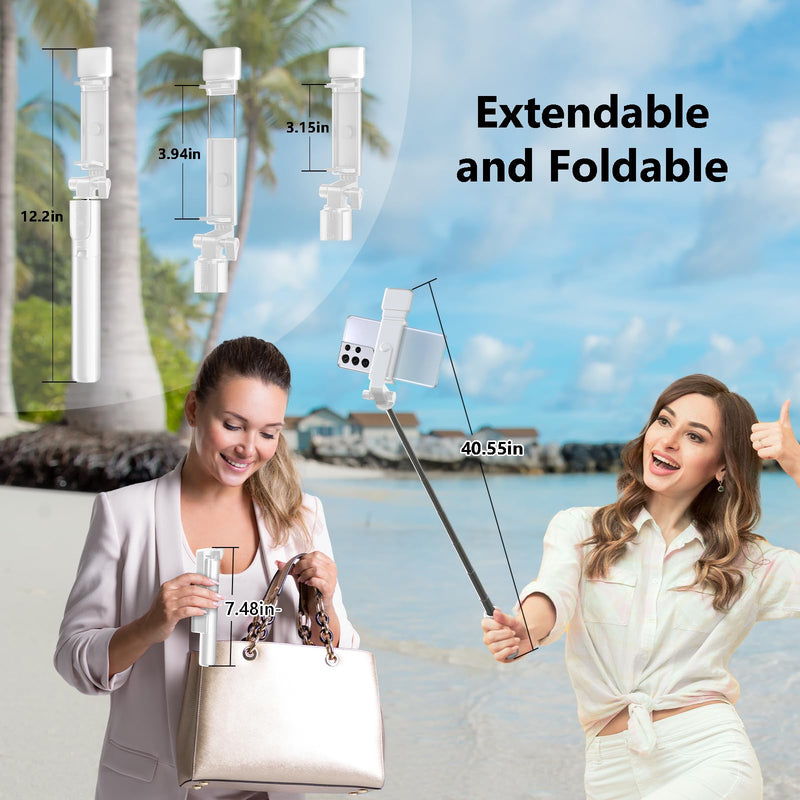 [AUSTRALIA] - Selfie Stick Tripod, 40 in Retractable Phone Tripod with Wireless Remote Control & Light, Portable Selfie Stick Tripod for Photograph, Live Streaming, Video Recording, Compatible with All Cellphones White 