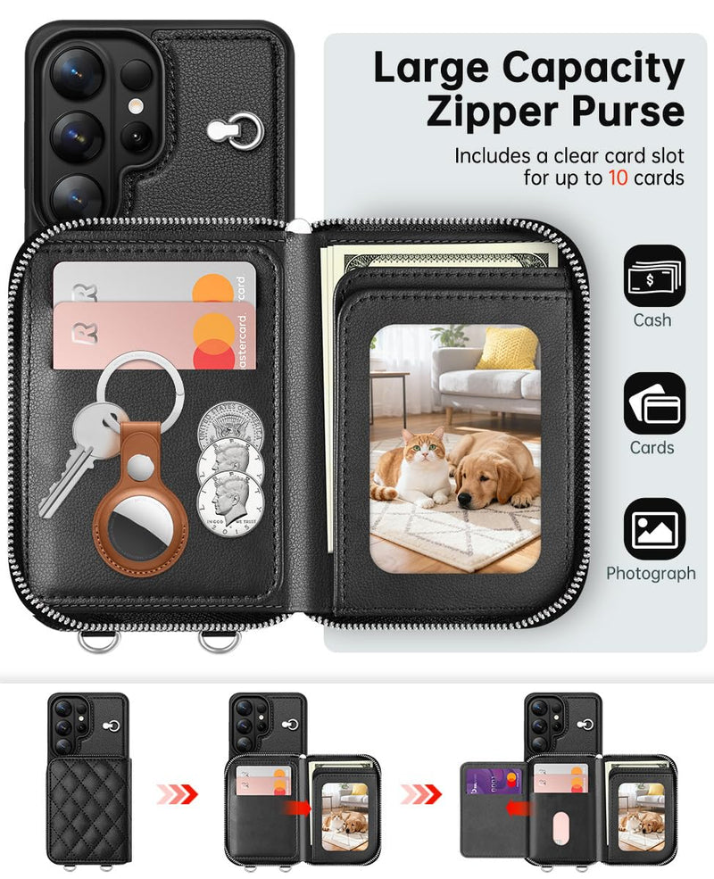OCASE Compatible with Samsung Galaxy S26 Ultra Crossbody Wallet Case with Card Holder, PU Leather Zipper Handbag Magnetic Phone Purse with RFID Blocking Kickstand Wrist Strap Lanyard, Black