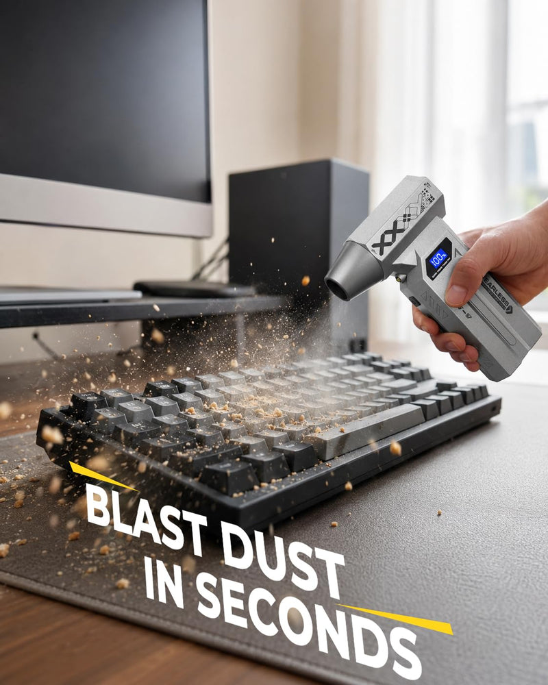 Rechargeable Compressed Air Duster Electric Air Blower for PC Keyboard Car | Canned air replacement, 150000 RPM, 4 nozzles, 4-Speed, 6000mAh, LED display, built-in light, electric duster for electronics