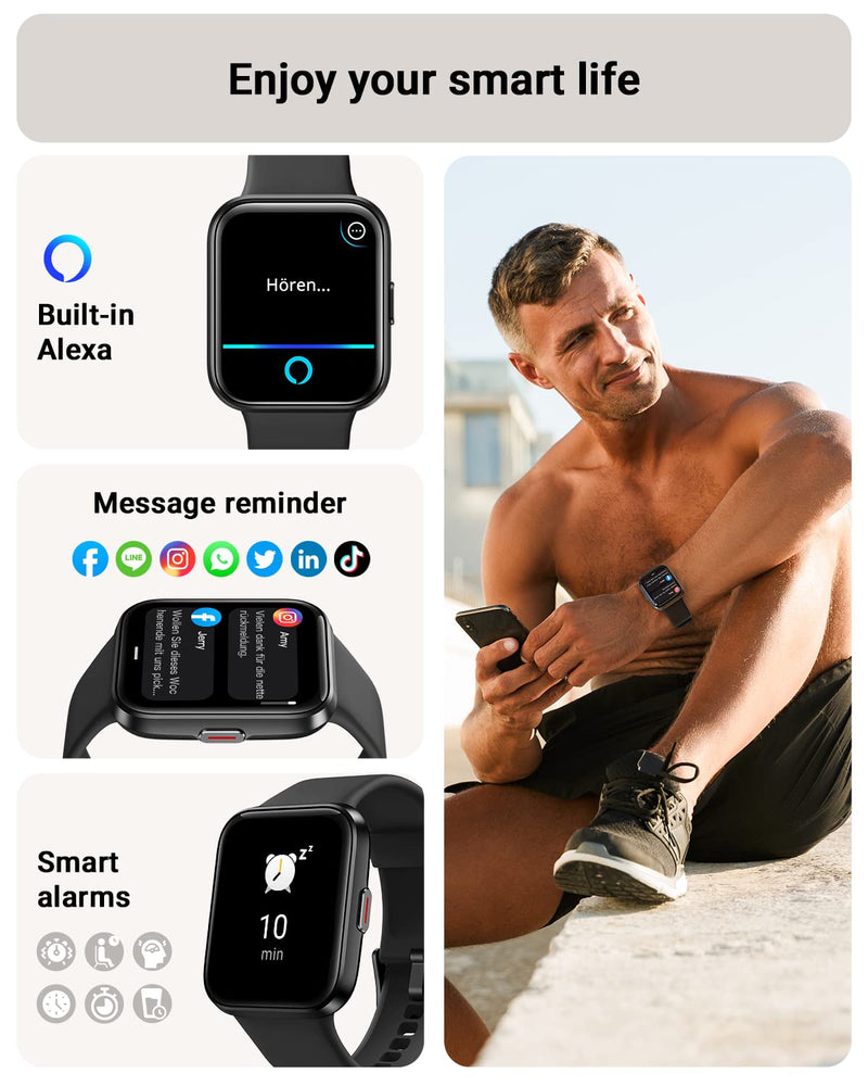 Tensky Smart Watch for Men/Women Android/iPhone/Samsung, Alexa Built-in, 1.8" Touch Screen Fitness Tracker with Answer/Make Calls, 3ATM Waterproof Heart Rate/Sleep/SpO2 Monitor, 120+ Sport Modes Black