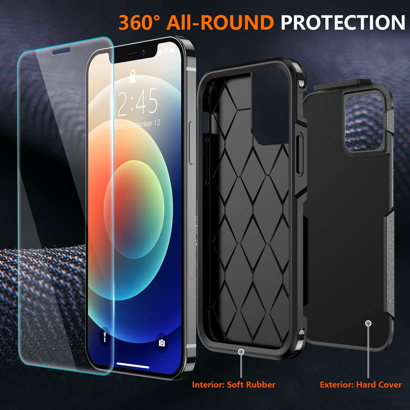 SPIDERCASE Designed for iPhone 12 Case/iPhone 12 Pro Case, [10 FT Military Grade Drop Protection] [with 2 pcs Tempered Glass Screen Protector] Protective Cover for iPhone 12/12 Pro (Black) Black