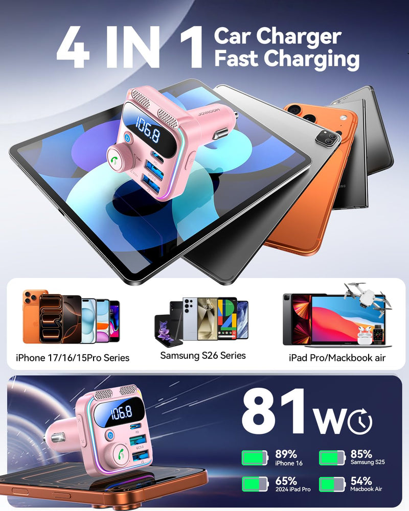 [AUSTRALIA] - JOYROOM Bluetooth 6.0 Car Adapter FM Transmitter 81W Fast Charging Cigarette Lighter Hands-Free Calling Support USB Drive, Pink 