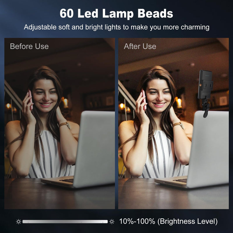 Selfie Light, Phone Light with Front & Back Clip, 60 LED Portable Light with 3 Light Modes, 5000mAh Rechargeable Video Light for Phone, iPhone, IPad, Laptop, TikTok, Makeup, Live Stream, Vlog Black