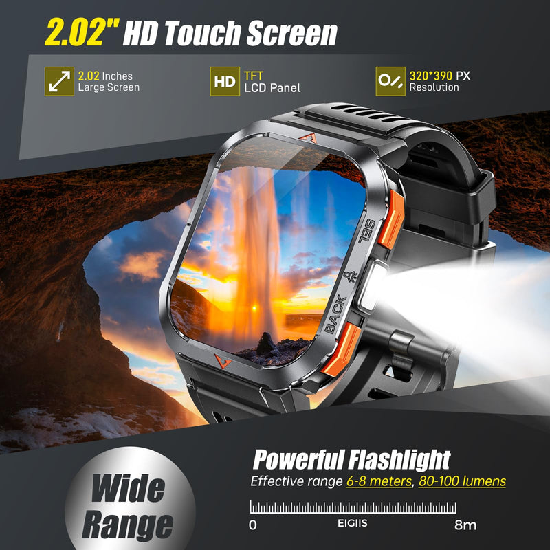 Military Smart Watches for Men Make/Answer Calls 2.02'' HD with Flashlight | Outdoor Sports Smartwatch Compass Big Battery SOS Heart Rate/Sleep Monitor 3ATM Waterproof Fitness Watch for iOS/Android