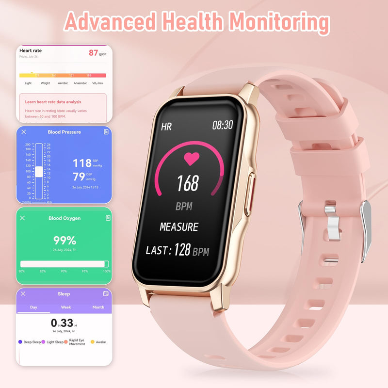 Health Fitness Tracker, Smart Watch with 24/7 Heart Rate Blood Oxygen Blood Pressure Sleep Monitor, IP68 Waterproof Step Calorie Counter Pedometer Activity Trackers for Android&iPhone Women Men Pink