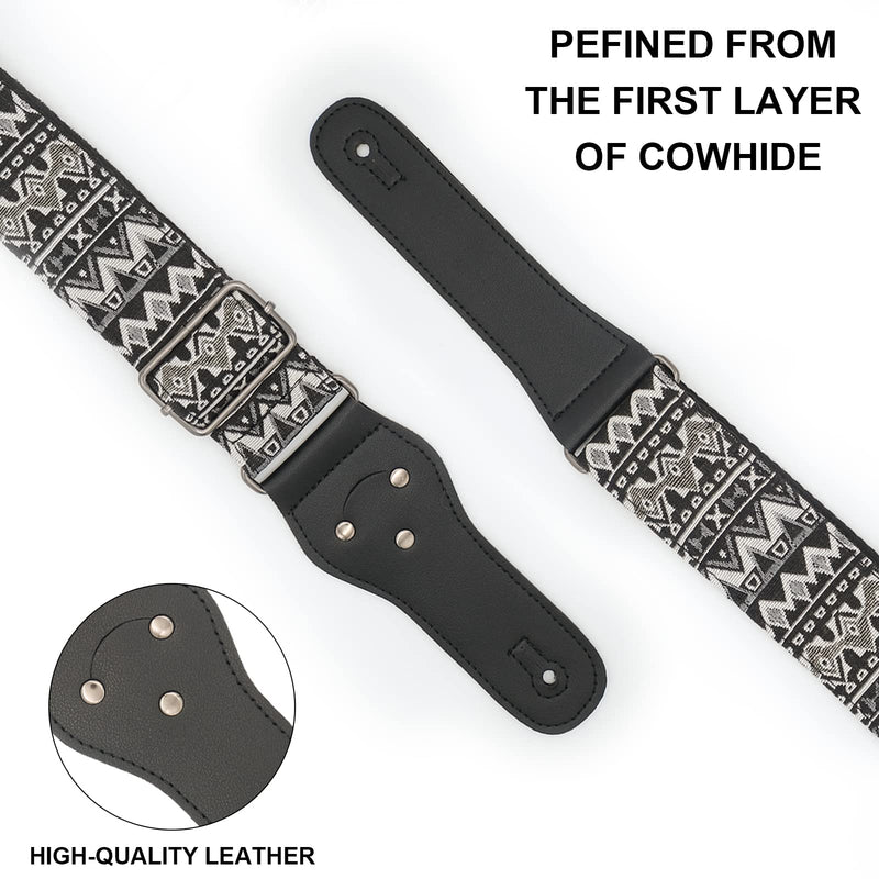 Guitar Strap-Vintage Woven, For Bass, Electric & Acoustic Guitar. FREE 2 Strap Locks + Headstock buttoned tie Black and White Bohemian