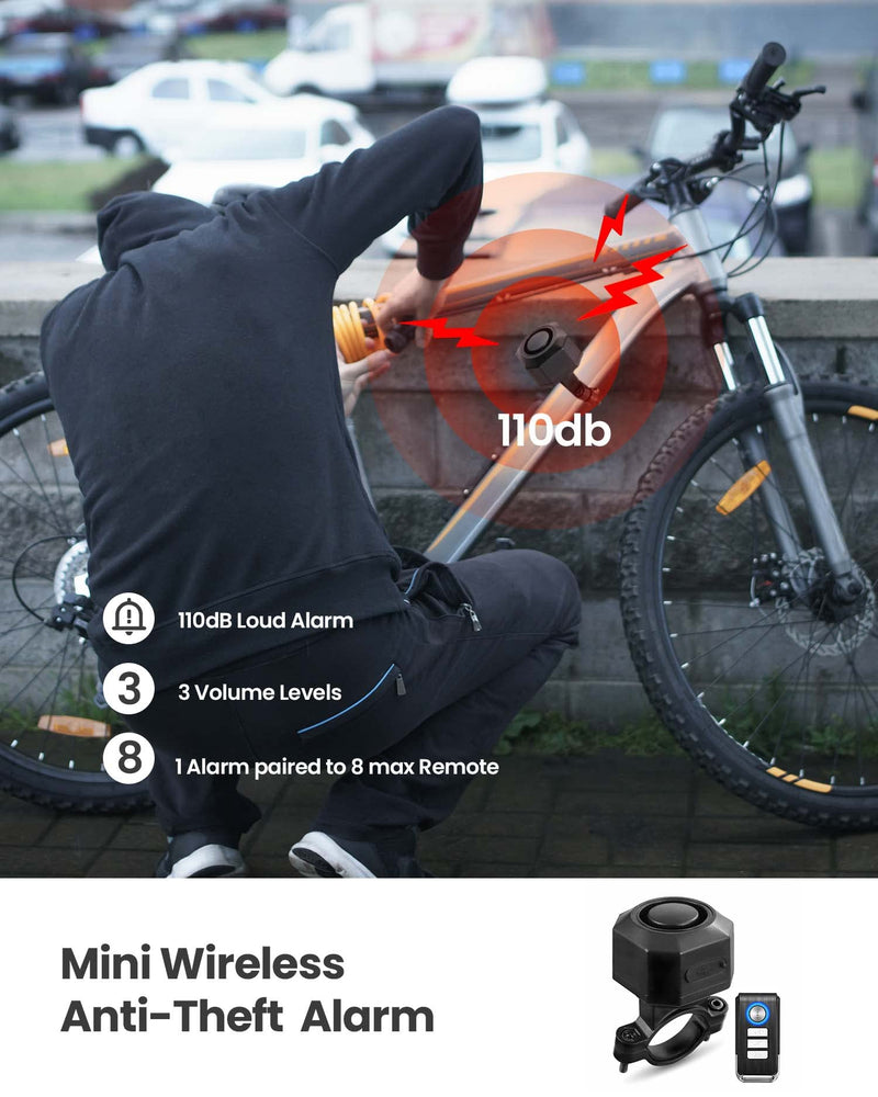Bike Alarm with Remote, 110dB Wireless Anti-Theft Vibration Motorcycle Alarm, Door, Window & Vehicle Security Alarm System, Adjustable Sensitivity & Volume, USB-C, Waterproof, Programmable
