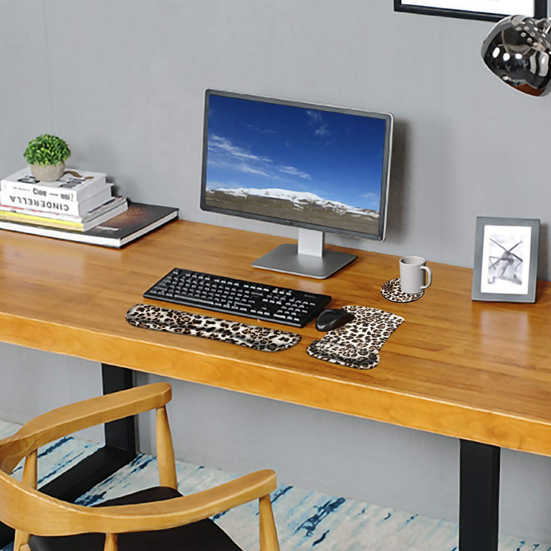 Keyboard Wrist Rest Pad & Mouse pad with Wrist Rest Support Set,Ergonomic Gaming Mouse Pad Coaster Keyboard Wrist Support with Memory Foam for Easy Typing Pain Relief - Leopard Print