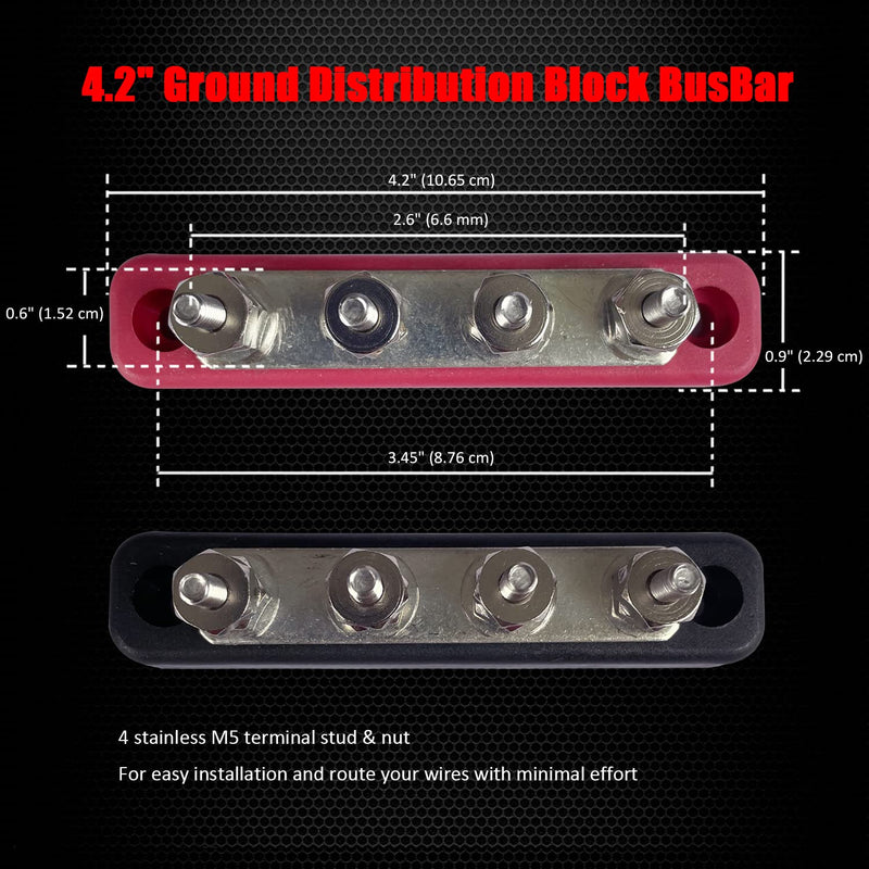 4 Terminals Bus Bar, Ampper 4.2" Power/Ground Distribution Block Brass Battery BusBar Junction for Car Vehicle Rv Truck Marine Boat Audio Amplifier and More (Red & Black) Red & Black 4.2" 4 Stud