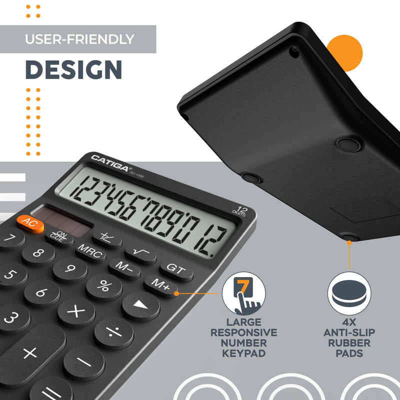 [AUSTRALIA] - CATIGA 12 Digit Desktop Calculator with Large LCD Display, 4 Funtions Calculator, Round Design Big Button, Solar and Battery Dual Power, Standard Function for Office, Home, School, SD-1292 1) Black 