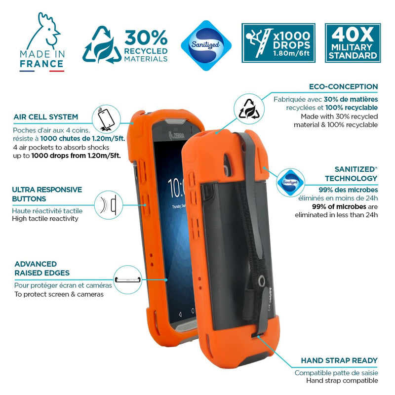 MOBILIS Rugged Case for Zebra TC51 - TC52 - TC56 - TC57 with Hand Strap | Shockproof Military Grade Drop Protection Cover made with Recycled Materials Neon Orange
