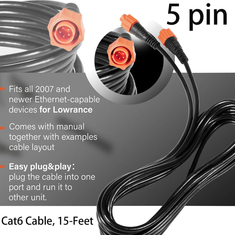 15-Feet Ethernet Crossover Cable with 5-Pin Yellow Connector for Lowrance Cat 6 Cable 000-0127-29, 3004.7036 15 Feet ( 3004.7036 )