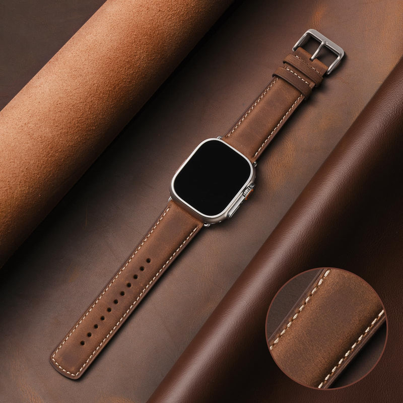 SUNFWR Compatible with Apple Watch Band 45mm 44mm 42mm for Men Women, Stainless Steel Metal iWatch Band with Case + Top Grain Genuine Leather Band for Apple Watch Series Ultra 9/8/7/6/5/4/3/2/1/SE/SE2