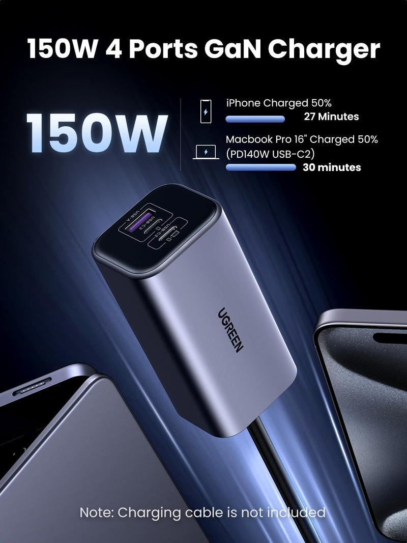 UGREEN 150W 4-Port Retractable Car Charger with Built-in Cable | 3 USB-C 1 USB-A, Compatible with iPhone 17 Air 17 Pro 17 Pro Max 16 15 14 13 12, Galaxy S25 S24 S23 Ultra, iPad, MacBook