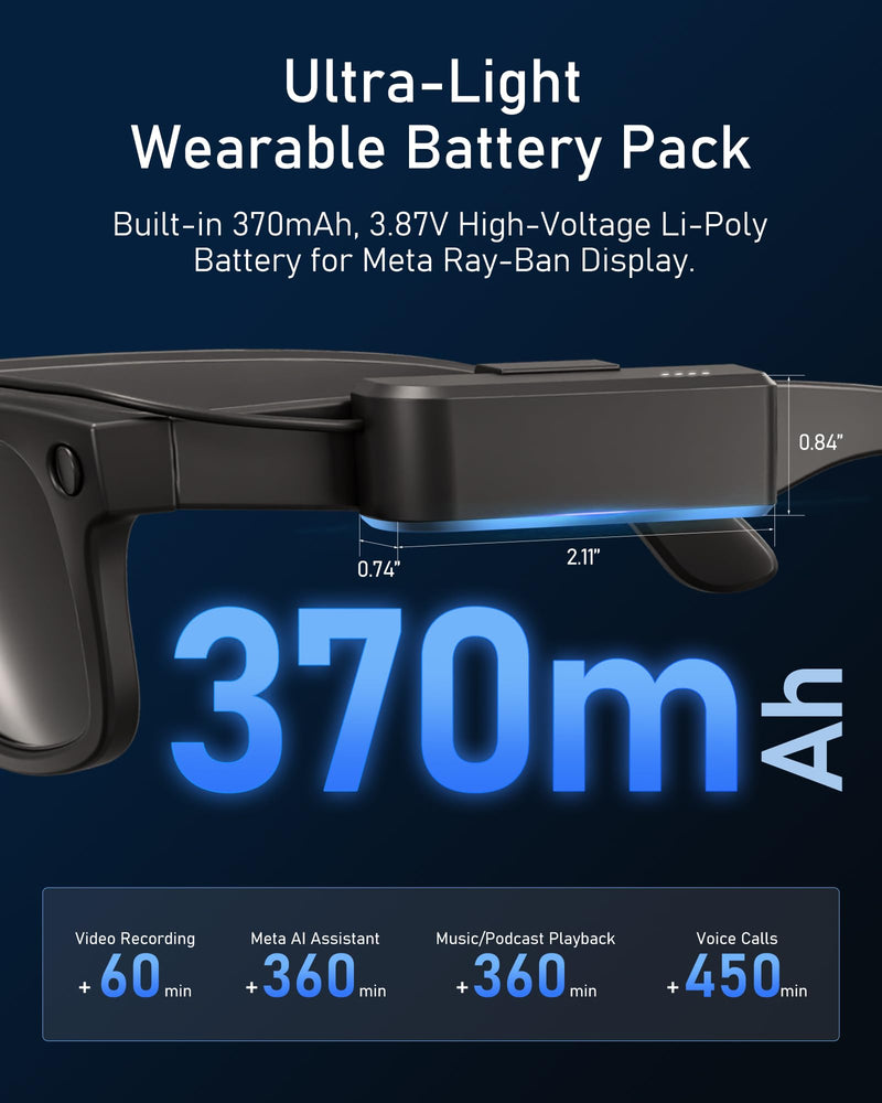 Wearable Charger for Meta Ray-Ban Display Glasses, 370mAh Battery Pack | Power Bank Accessories, 16g Lightweight Clip-On Backup Power for Recording, Calls and Travel with USB-C Recharging On the Go