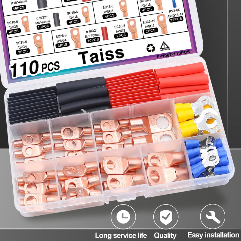 Taiss 110PCS Copper Wire Lugs,Battery lugs AWG 2/4/6/8/10/12/14/16 Gauge Copper lugs Assortment,Battery Cable Ends Copper Ring Terminals Connectors with Heat Shrink