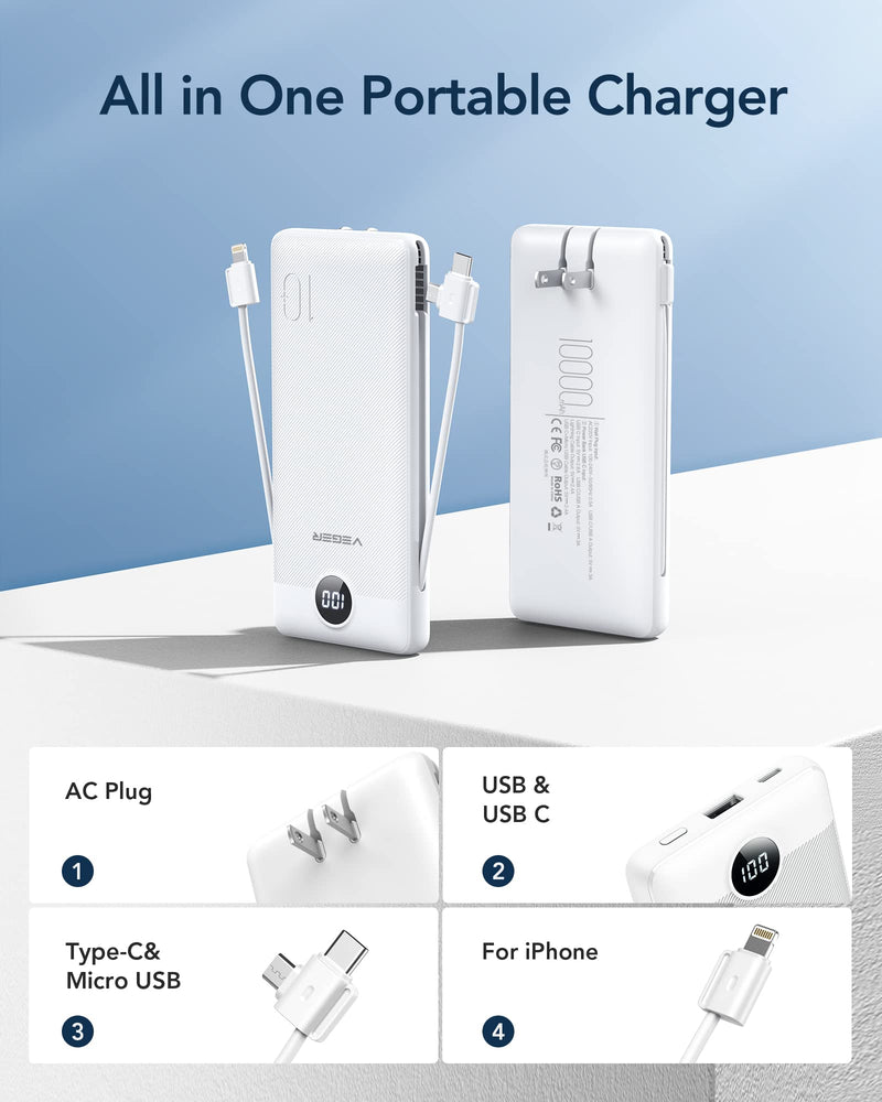 VEGER Portable Charger for iPhone Built in Cables and Wall Plug, 10000mah Slim Fast Charging USB C Power Bank, Travel Essential Battery Pack Compatible with iPhones, iPad, Samsung, and More(White) B White