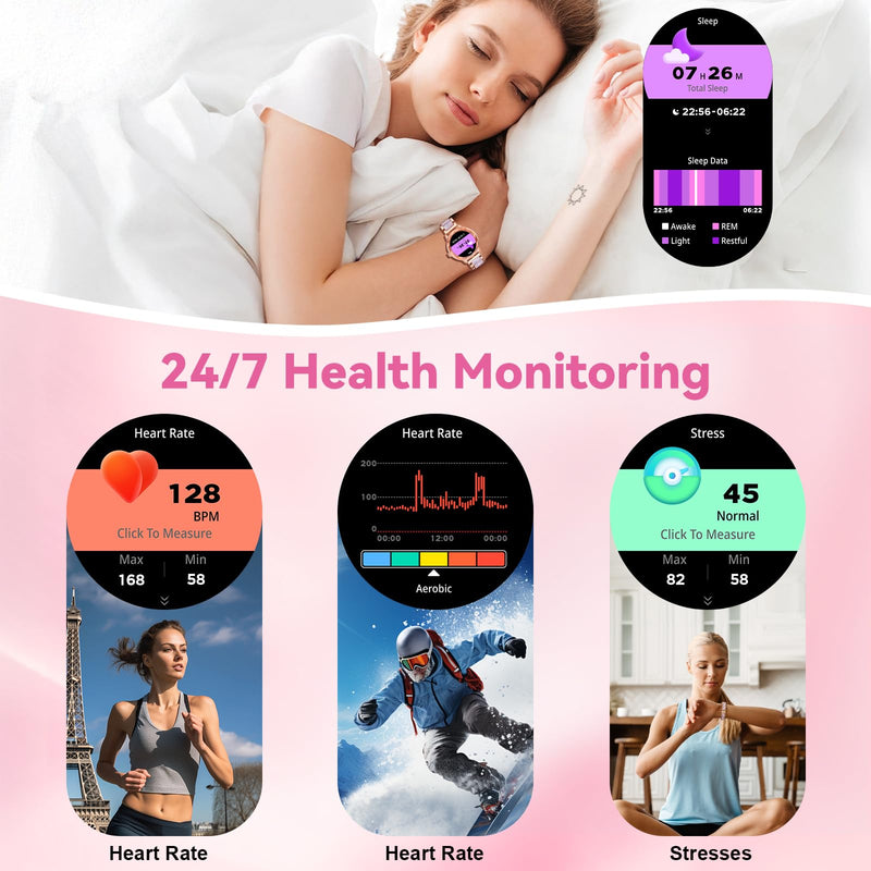 Smart Watch for Women, 1.2" Display 100+ Sports, IP68 Waterproof | Fitness Tracker with Heart Rate, Sleep & Female Cycle, Adjustable Fit, iOS & Android Compatible, W01-Rose Gold