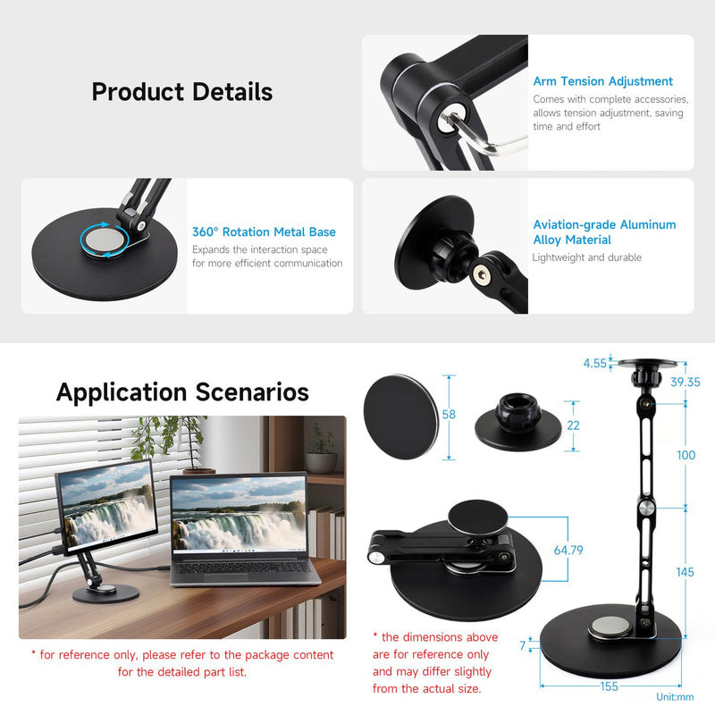 Waveshare Magnetic N52 Neodymium Magnet Portable Monitor Adjustable Stand, Compatible with 4~18.5inch Monitors, Supports Multi-axis Rotation, comes with Magnetic metal rings, Foldable For Easy Storage