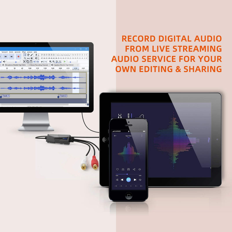 DriverGenius AV202-B USB-C Audio Capture Grabber Card Device, with LED Indicator, Analog Cassette to Digital MP3 Converter, Compatible for Windows 11 and macOS