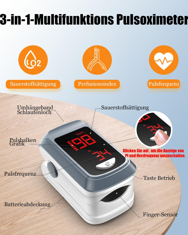 HOLFENRY Pulse Oximeter Oxygen Saturation Meter Finger Pulse Oximeter Finger Oximeter Pulse Monitor for Measuring SpO2, Pulse and Perfusion Index (PI) for Adults at Home or Outdoor Sports gray