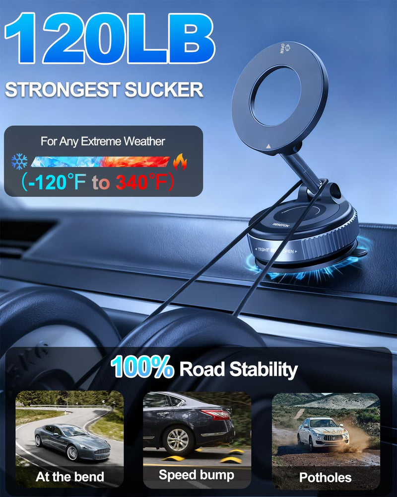 for MagSafe Car Mount, Vacuum Magnetic Car Phone Holder Stand for Your Car | [Reinforced 120LBS Ultra Suction Cup & 3000gf Magnet] 780° Cell Phone Mount Dashboard Car Holder Bracket for iPhone & Android Black 2