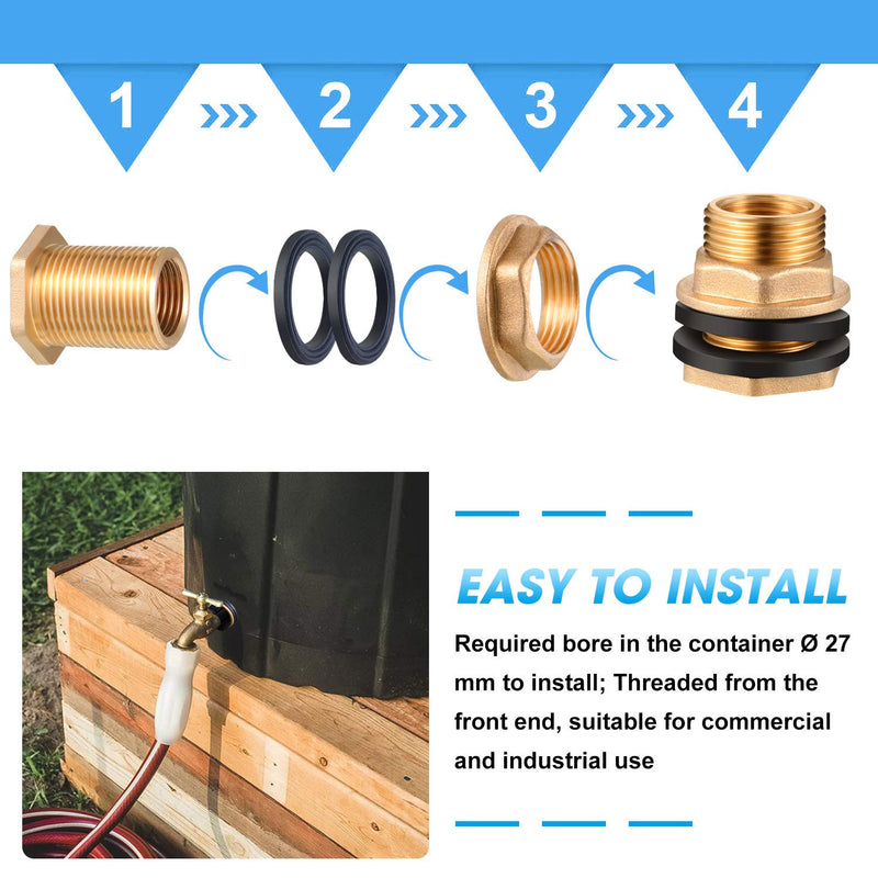 [AUSTRALIA] - 3 Pieces 1/2 Inch Female 3/4 Inch Male G-Thread Solid Brass Threaded Bulkhead Garden Water Tank Connector Fitting with 2 Black Rubber Ring Stabilizing Hose Adapter for Rain Barrels Aquariums 