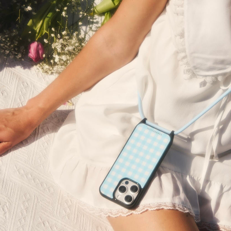 Cairo Crossbody Phone Case with Phone Strap for iPhone 16 Pro, Blue Gingham Pattern, Magnetic Compatible, Adjustable Design