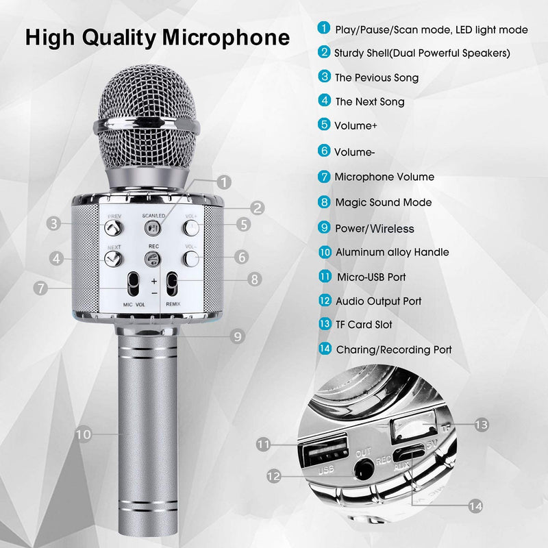 4 in 1 Karaoke Wireless Microphone with LED Lights, Portable Microphone for Kids, Great Gifts Toys for Kids, Girls, Boys and Adults (Silver) Silver