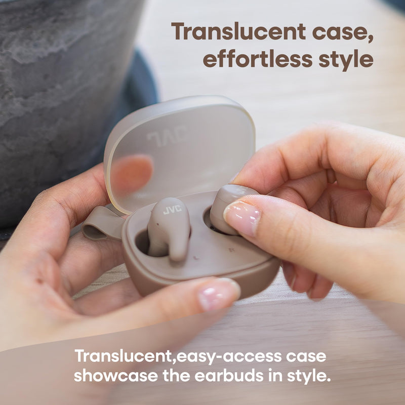 JVC Gumy Premium True Wireless Earbuds Noise Cancelling, Bluetooth 5.4 Headphones 26H Battery, ANC Ambient Mode, Gaming Low Latency, USB-C Case Mocha