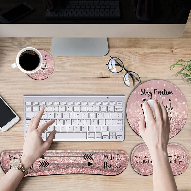 Ergonomic Mouse Pad with Wrist Support Set and Keyboard Wrist Rest Set for Laptop, Gaming and Office, Comfortable and Pain Relief + Coaster ，Stay Positive Work Hard and Make It Happen Pink Glitter Yu-mouse Pad-ba4