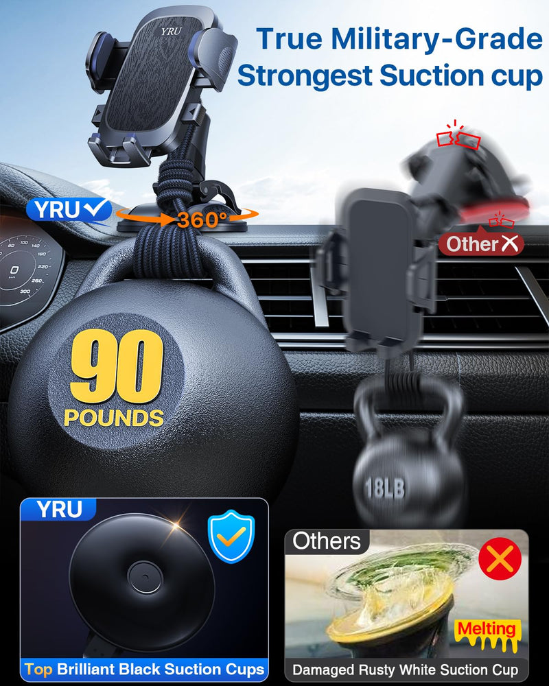 YRU 90+LBS Military-Grade Anti-Shake 2026 Upgraded Car Phone Holder Mount | Safest Strongest Patent Certs 360° Rotatable Suction Dashboard Windshield Vent for iPhone 17 16 Pro Max Samsung, Matt Black