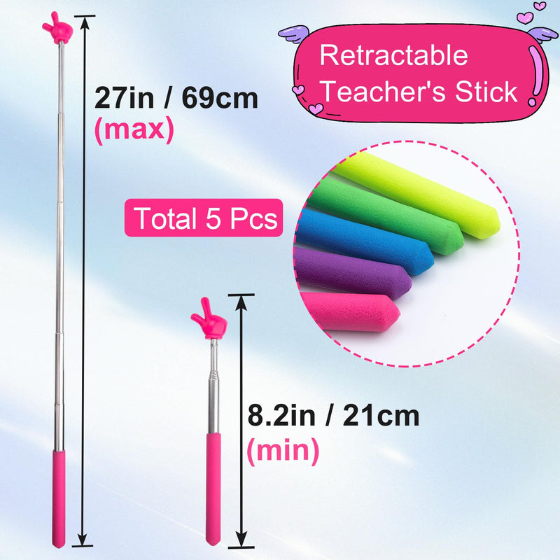 5pcs Retractable Teacher Pointers for Classroom Reading, Hand-Shaped Presentation Pointer Stick, Mini Portable Finger Pointer Sticks Teach Supplies- Blue & Purple & Yellow & Green & Pink