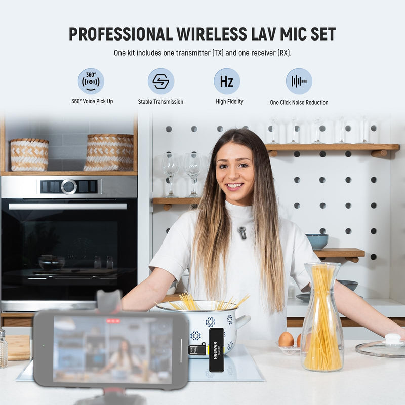 [AUSTRALIA] - NEEWER Wireless Lavalier Microphone System for USB C, Compatible with iPhone 16 15 Samsung Android Phones, Noise Cancelling Mini Lav Omnidirectional Condenser Mic for Vlogging Live Streaming, KM23 
