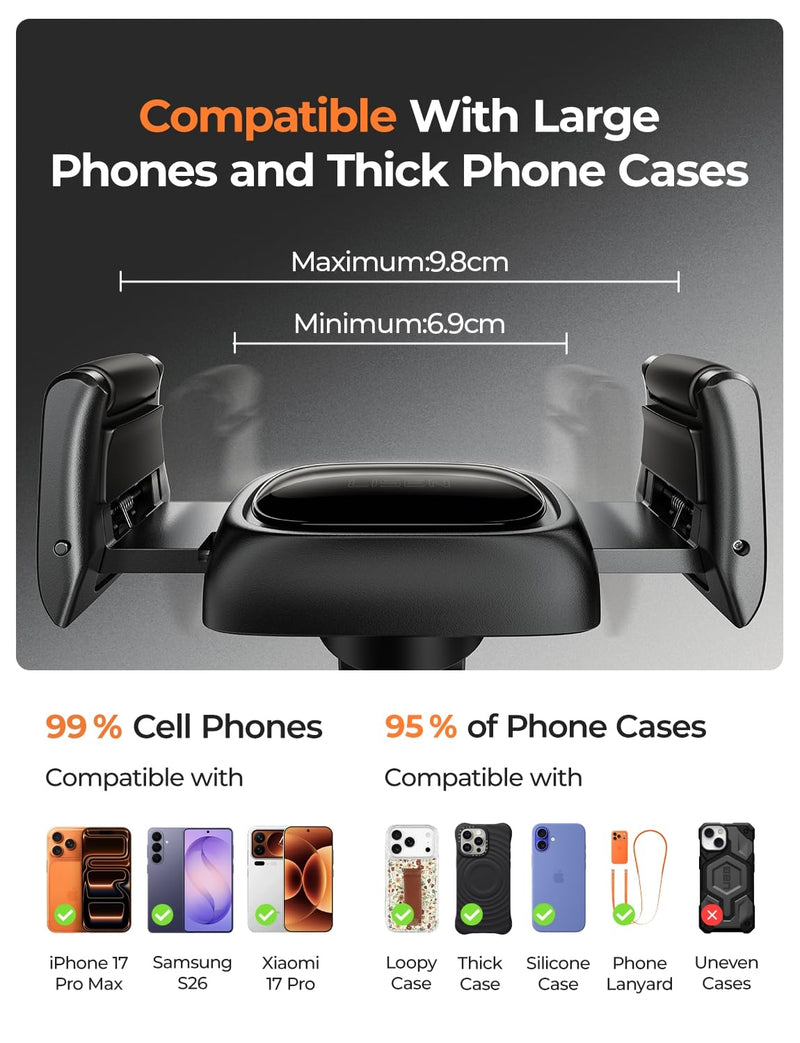 LISEN Suction Phone Mount for Car, [Ultra Suction & 95% Cases Friendly] Car Phone Holder Mount Vacuum Dashboard Phone Holder, Car Cell Phone Holder for iPhone 17 16 15 14 Pro Max Air Galaxy S26 S25 Black