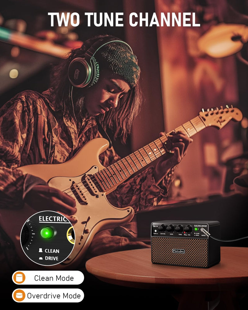 [AUSTRALIA] - FBA-10 Guitar Amp, 10W Mini Electric Guitar Amplifier with Clean/Drive Channel, 6H Working, USB-C Rechargeable, 3.5mm Headphone/AUX Jack, Wireless Portable Amp for Indoor Practice, Traveling Black 