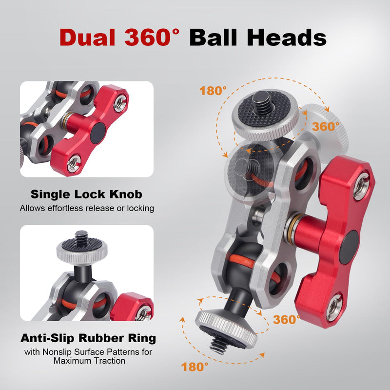 Dual Ball Head Camera Mount with 360 Degree Adjustment - Aluminum Alloy Clamp for Insta360/GoPr0/Camera Cage/LED Light/Microphone - 1/4" & 3/8" Screw Holes with Anti-Slip Design 61013