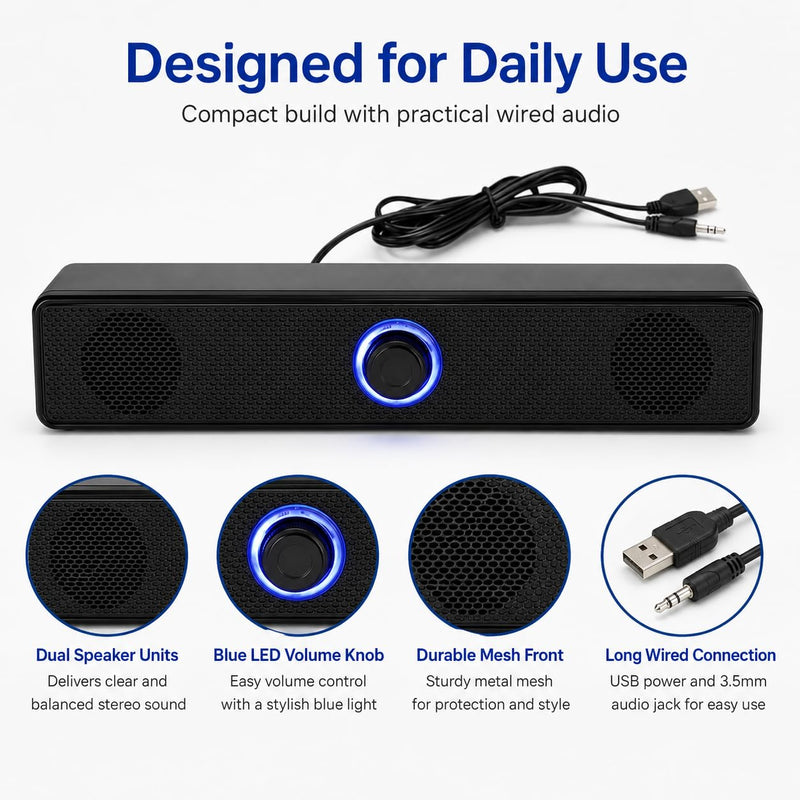 Computer Speakers USB-A Powered Wired Stereo Desktop Speaker,Portable,with 3.5mm AUX, Volume Knob LED Ring for PC Laptop No Bluetooth,Computer accessorie Black