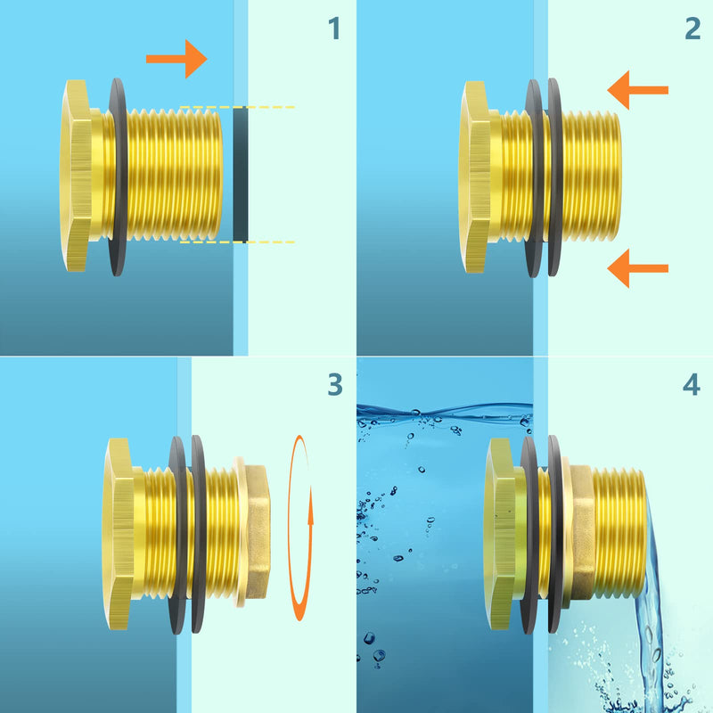 [AUSTRALIA] - GASHER 8PCS Brass 1/2" Female 3/4" Male Bulkhead Tank Connector Adapter Fitting with Rubber Ring 1/2" Female-3/4" Male Without End Caps 8 