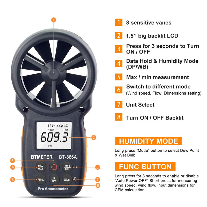 BTMETER BT-866A HVAC Anemometer for CFM Air Flow Handheld CFM Meter Connec to PC via USB Data Reading, Wind Speed Meter with Backlight for Kite Flying Sailing Surfing BT-866A (Air Flow Meter)