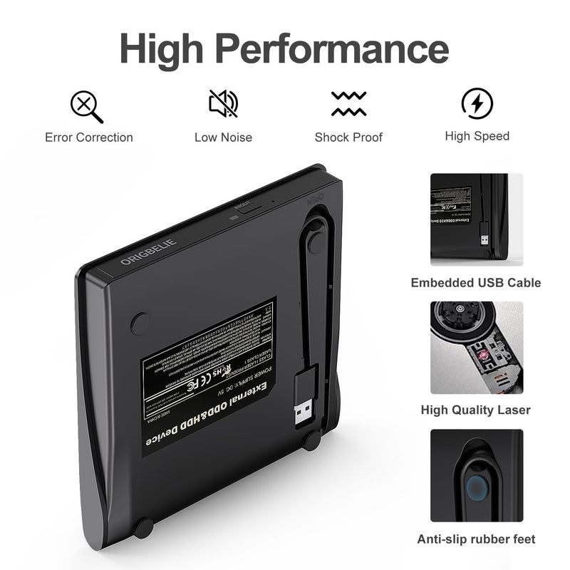 ORIGBELIE External CD/DVD Drive for Laptop, USB 3.0 CD ROM DVD +/-RW Burner | Portable External DVD Optical Disk Drive Player Reader Writer for Desktop PC Macbook iMac Mac Windows 11/10/8/7/XP Linux OS 5.6" x 5.8" x 0.7"