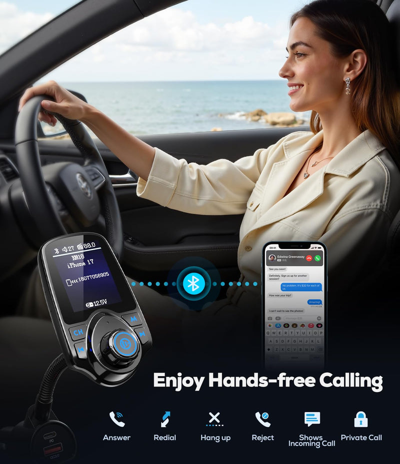 [AUSTRALIA] - Nulaxy [2026 KM18 Upgraded Version] 1.8" Color Screen 48W Bluetooth 5.4 Car Adapter, Dual Fast Charging Ports [PD 30W & QC3.0 18W] Wireless Radio FM Transmitter, Hands-Free Call, 7 EQ Modes, Black 
