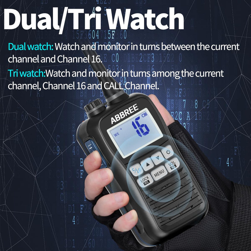 [AUSTRALIA] - ABBREE Marine VHF Radio Floating IP67 Waterproof MR-25 Handheld Long Range Noise Cancelling Mic Walkie Talkie NOAA Weather,LCD Display Vibration Water Draining Two Way Radio for Boat,Black 