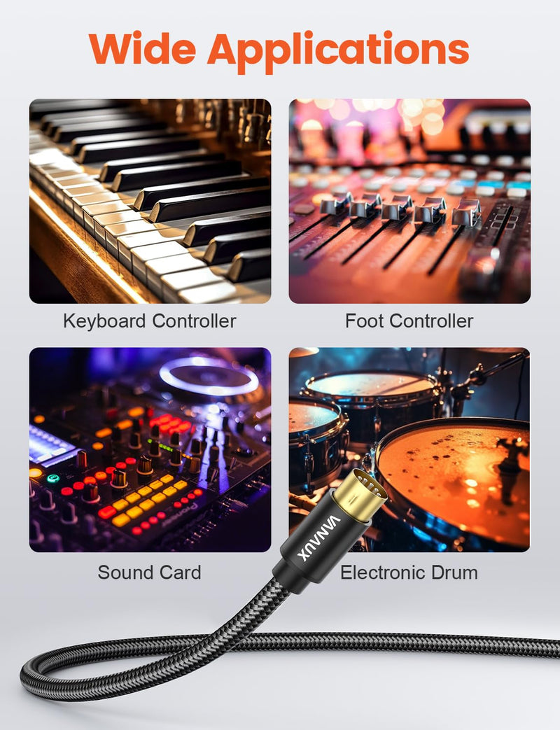 [AUSTRALIA] - VANAUX MIDI Cable 6FT, Male to Male 5-Pin MIDI Cable Compatible with MIDI Keyboard, Keyboard Synth, Rack Synth, Sampler, External Sound Card, Sound Source and More-Black 